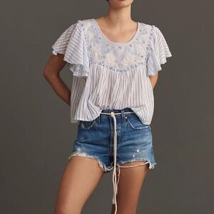 Anthropologie Embroidered Flutter Sleeve Top Blue White Striped Boho - Medium